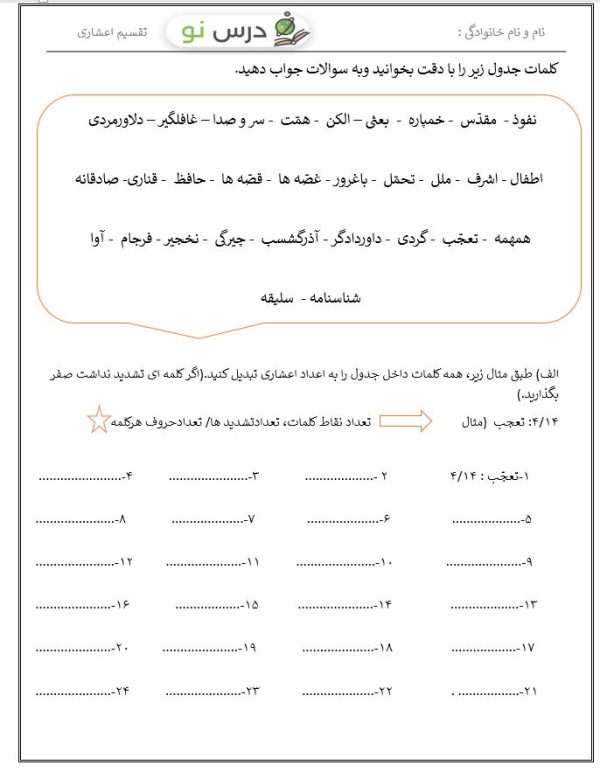تکلیف تقسیم اعشاری