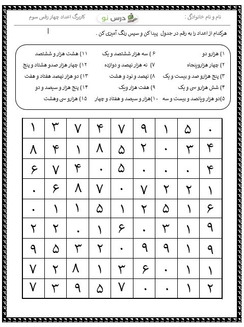 کاربرگ اعداد چهار رقمی سوم