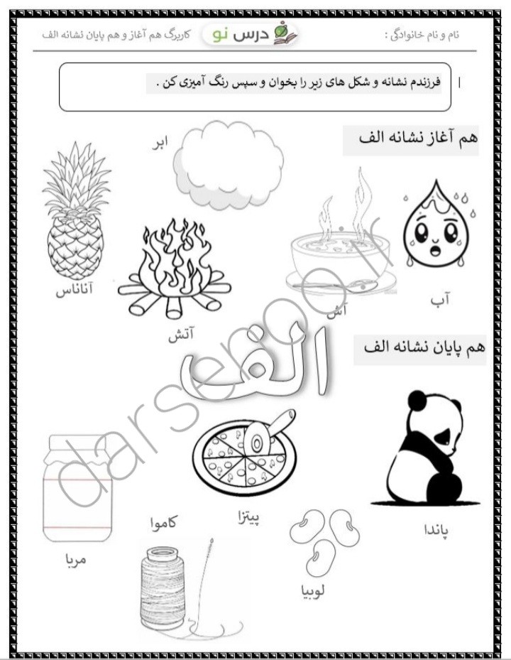 کاربرگ هم آغاز و هم پایان نشانه الف